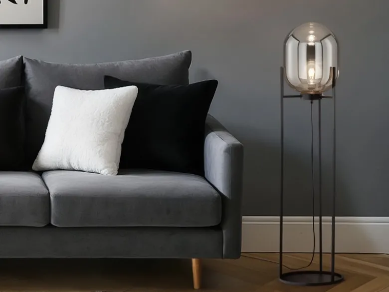 Kleine Stehlampe mit Metallfuß, Rauchglas oval & LED dimmbar - Höhe 110cm