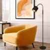 Kleine Stehlampe TOMMY mit Flexarm & Stoffschirm Schwarz Gold, Höhe 130cm