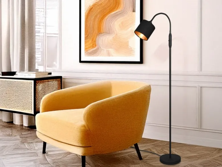 Kleine Stehlampe TOMMY mit Flexarm & Stoffschirm Schwarz Gold, Höhe 130cm