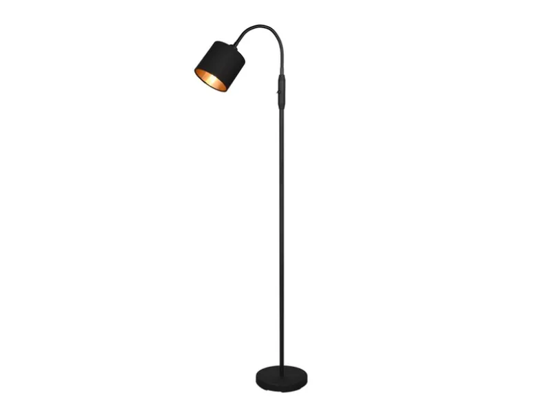 Kleine Stehlampe TOMMY mit Flexarm & Stoffschirm Schwarz Gold, Höhe 130cm