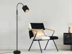 Kleine Stehlampe TOMMY mit Flexarm & Stoffschirm Schwarz Gold, Höhe 130cm