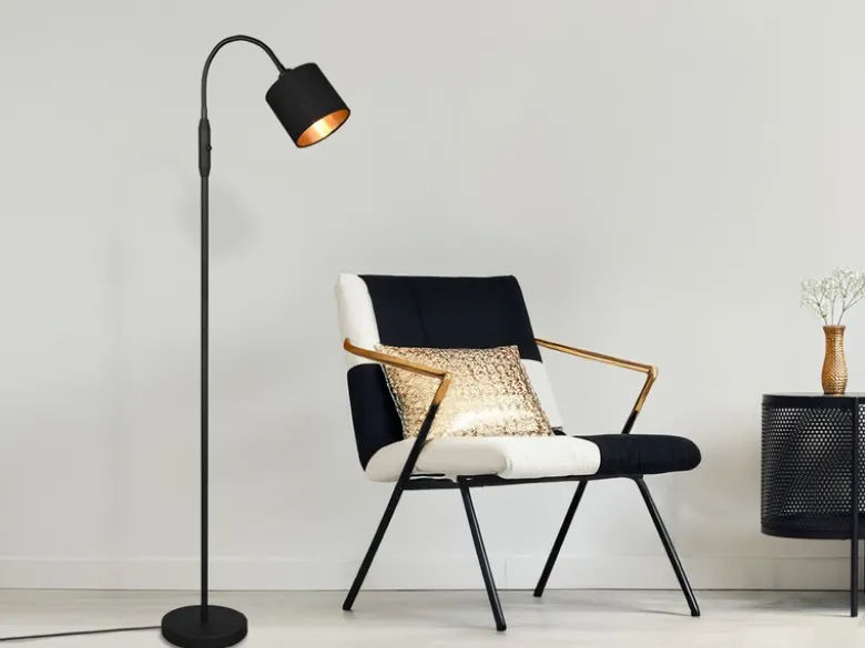 Kleine Stehlampe TOMMY mit Flexarm & Stoffschirm Schwarz Gold, Höhe 130cm