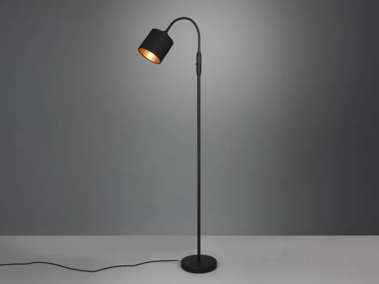 Kleine Stehlampe TOMMY mit Flexarm & Stoffschirm Schwarz Gold, Höhe 130cm
