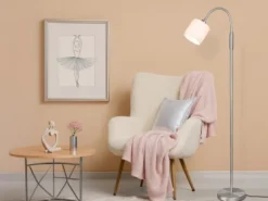 Kleine Stehlampe TOMMY Silber mit Flexarm & Stoffschirm Weiß, Höhe 130cm