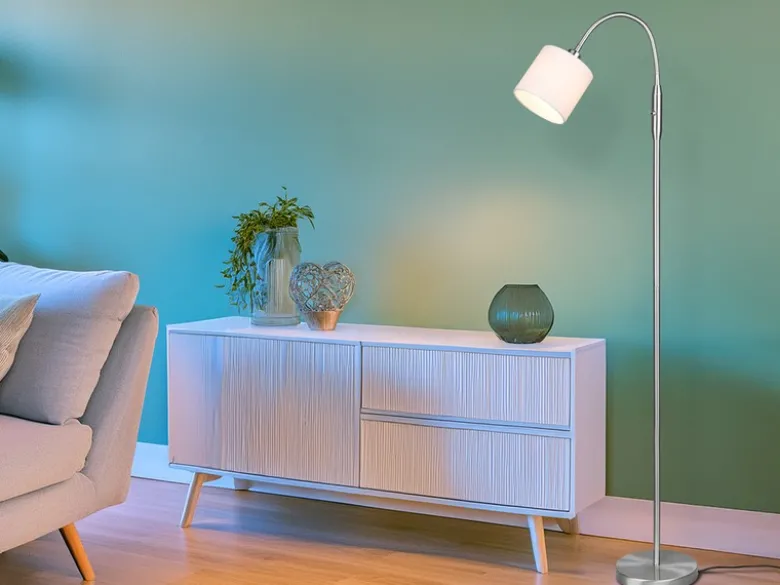 Kleine Stehlampe TOMMY Silber mit Flexarm & Stoffschirm Weiß, Höhe 130cm