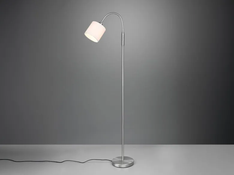 Kleine Stehlampe TOMMY Silber mit Flexarm & Stoffschirm Weiß, Höhe 130cm