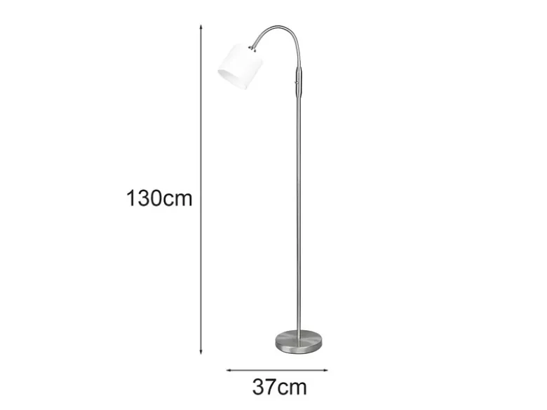 Kleine Stehlampe TOMMY Silber mit Flexarm & Stoffschirm Weiß, Höhe 130cm