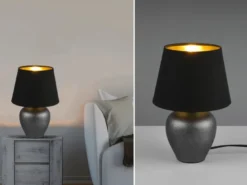 Kleine Tischlampe ABBY mit Keramikfuß & Stoffschirm Schwarz Gold, Höhe 26cm
