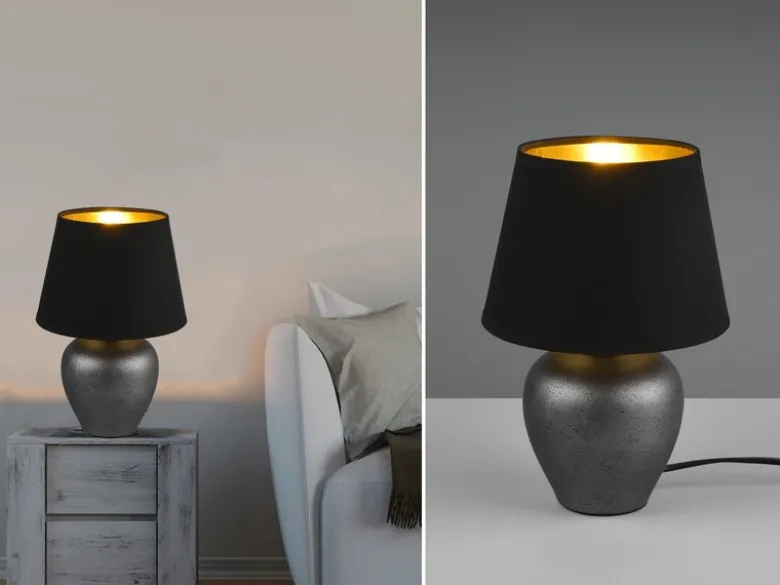 Kleine Tischlampe ABBY mit Keramikfuß & Stoffschirm Schwarz Gold, Höhe 26cm