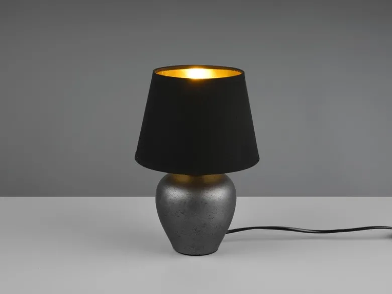 Kleine Tischlampe ABBY mit Keramikfuß & Stoffschirm Schwarz Gold, Höhe 26cm
