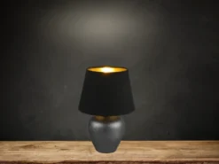 Kleine Tischlampe ABBY mit Keramikfuß & Stoffschirm Schwarz Gold, Höhe 26cm