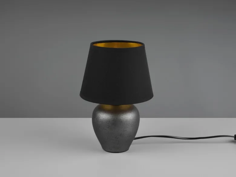 Kleine Tischlampe ABBY mit Keramikfuß & Stoffschirm Schwarz Gold, Höhe 26cm