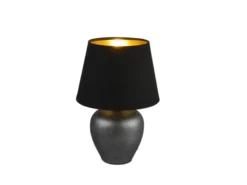 Kleine Tischlampe ABBY mit Keramikfuß & Stoffschirm Schwarz Gold, Höhe 26cm