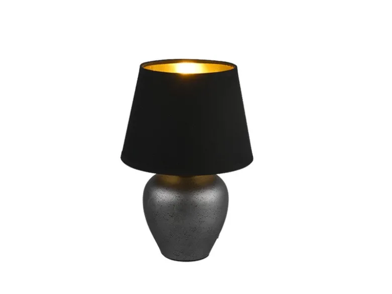 Kleine Tischlampe ABBY mit Keramikfuß & Stoffschirm Schwarz Gold, Höhe 26cm