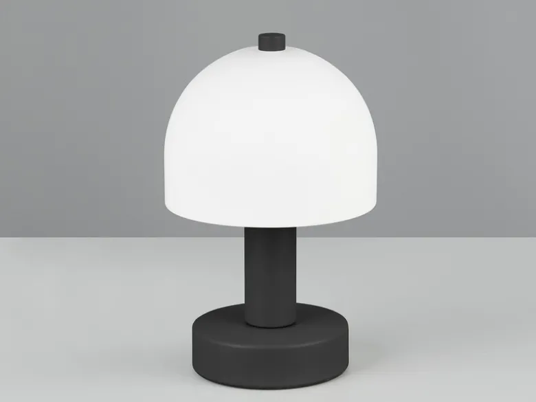 Kleine Tischlampe GLENN aus Metall Schwarz in Pilzform mit Glasschirm, Höhe 19cm