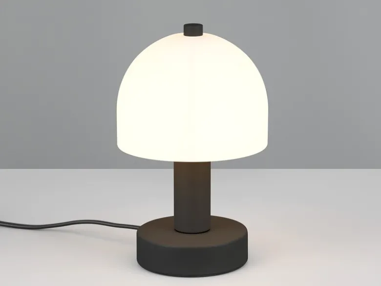 Kleine Tischlampe GLENN aus Metall Schwarz in Pilzform mit Glasschirm, Höhe 19cm