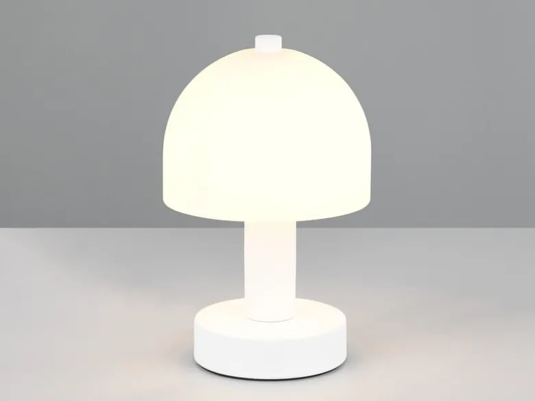 Kleine Tischlampe GLENN aus Metall Weiß in Pilzform mit Glasschirm, Höhe 19cm