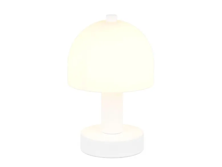 Kleine Tischlampe GLENN aus Metall Weiß in Pilzform mit Glasschirm, Höhe 19cm