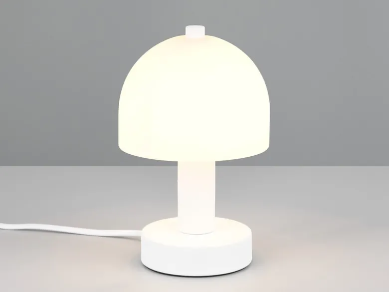 Kleine Tischlampe GLENN aus Metall Weiß in Pilzform mit Glasschirm, Höhe 19cm