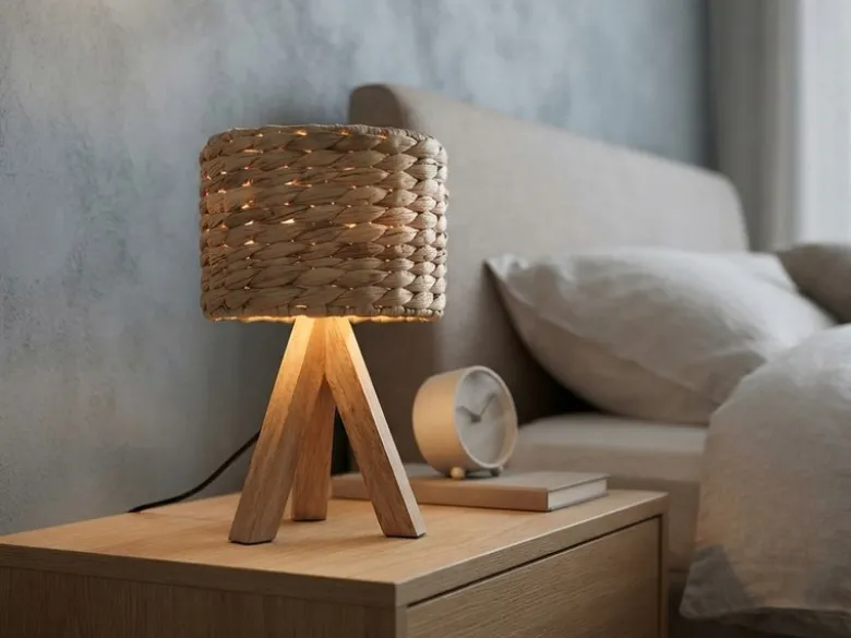 Kleine Tischlampe mit Holz Dreibein & E14 Schirm Wasserhyazinthe, Höhe 26cm