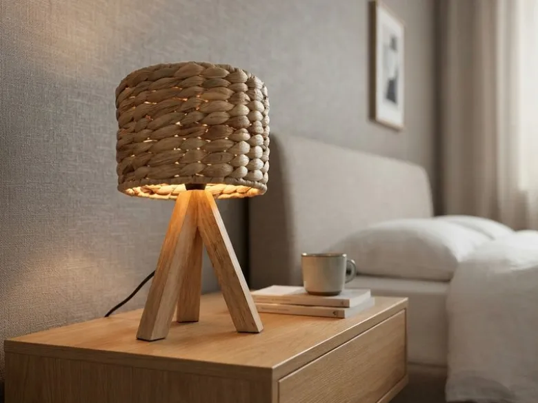 Kleine Tischlampe mit Holz Dreibein & E14 Schirm Wasserhyazinthe, Höhe 26cm