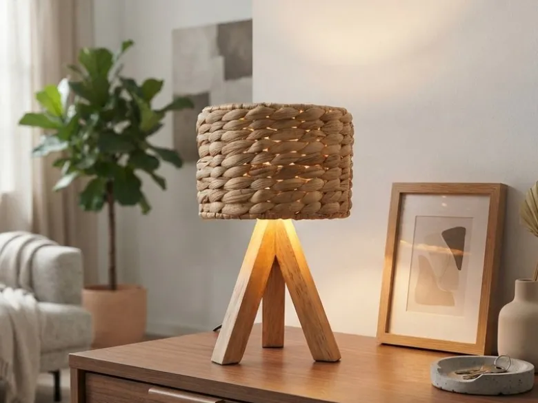 Kleine Tischlampe mit Holz Dreibein & E14 Schirm Wasserhyazinthe, Höhe 26cm