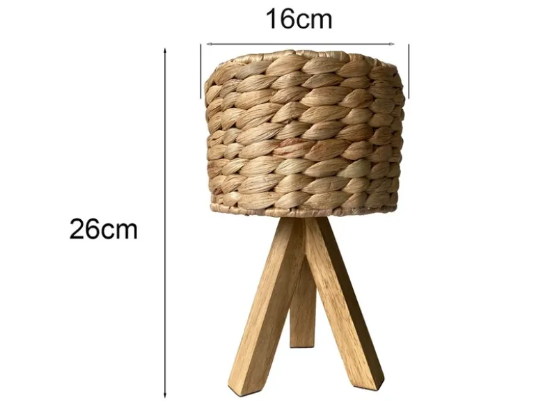 Kleine Tischlampe mit Holz Dreibein & E14 Schirm Wasserhyazinthe, Höhe 26cm