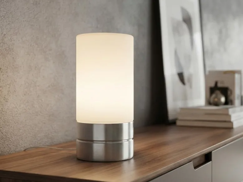 Kleine Tischlampe touch dimmbar mit Glasschirm Weiß & E14 LED, Höhe 20cm