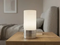 Kleine Tischlampe touch dimmbar mit Glasschirm Weiß & E14 LED, Höhe 20cm