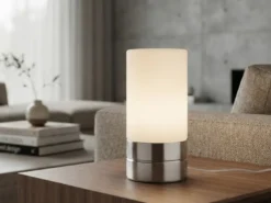 Kleine Tischlampe touch dimmbar mit Glasschirm Weiß & E14 LED, Höhe 20cm