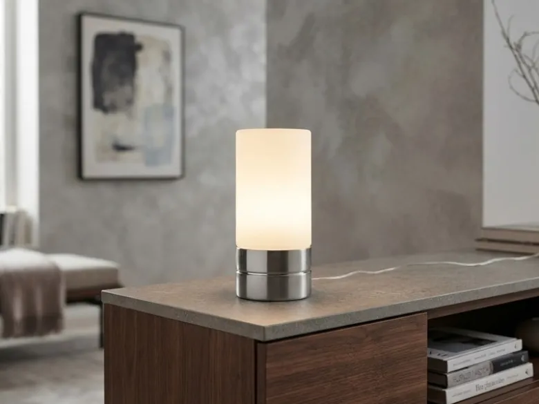 Kleine Tischlampe touch dimmbar mit Glasschirm Weiß & E14 LED, Höhe 20cm