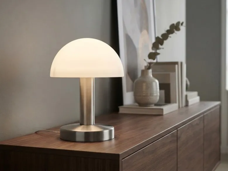 Kleine Tischlampe WARIN mit E14 Glasschirm Weiß per Touch dimmbar, Höhe 21cm