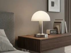 Kleine Tischlampe WARIN mit E14 Glasschirm Weiß per Touch dimmbar, Höhe 21cm