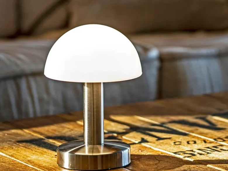 Kleine Tischlampe WARIN mit E14 Glasschirm Weiß per Touch dimmbar, Höhe 21cm