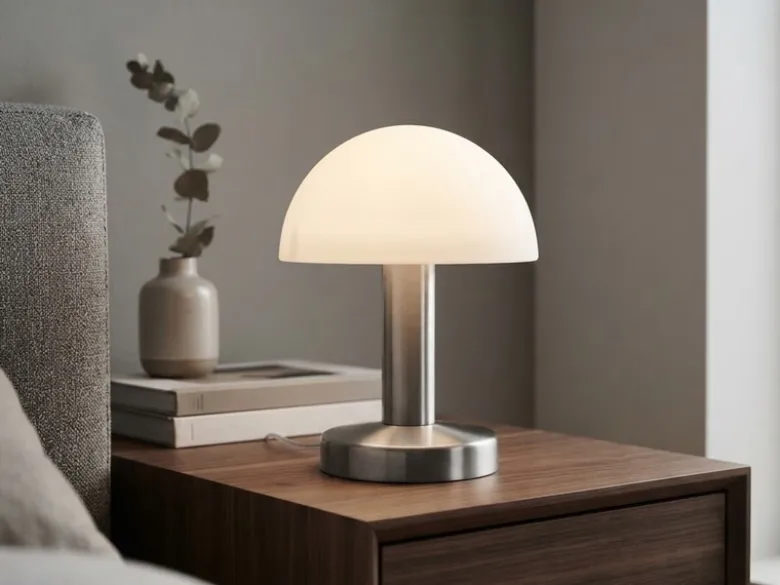 Kleine Tischlampe WARIN mit E14 Glasschirm Weiß per Touch dimmbar, Höhe 21cm