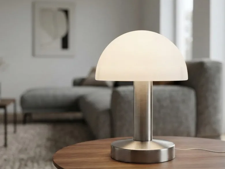 Kleine Tischlampe WARIN mit E14 Glasschirm Weiß per Touch dimmbar, Höhe 21cm