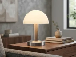 Kleine Tischlampe WARIN mit E14 Glasschirm Weiß per Touch dimmbar, Höhe 21cm