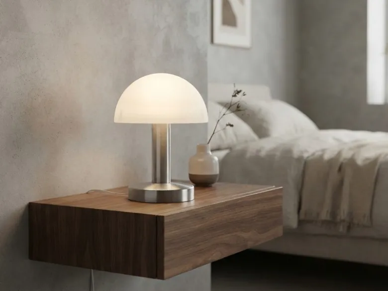 Kleine Tischlampe WARIN mit E14 Glasschirm Weiß per Touch dimmbar, Höhe 21cm