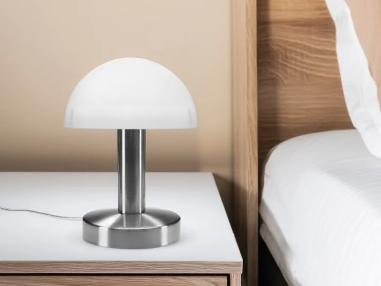 Kleine Tischlampe WARIN touch dimmbar, Glasschirm Weiß mit E14 LED, Höhe 21cm