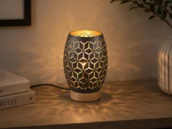 Kleine Tischleuchte BIDAR in Schwarz/Gold mit ausgefallenem Stanzmuster, H: 21cm