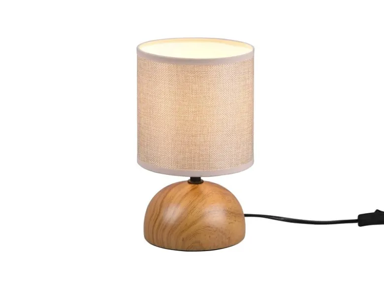 Kleine Tischleuchte LUCI mit Keramikfuß Holzoptik & Stoffschirm, Höhe 23cm