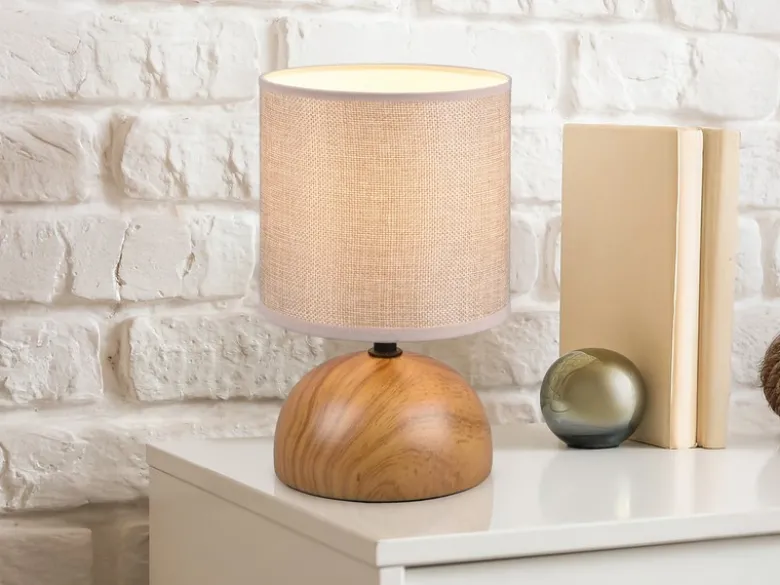 Kleine Tischleuchte LUCI mit Keramikfuß Holzoptik & Stoffschirm, Höhe 23cm