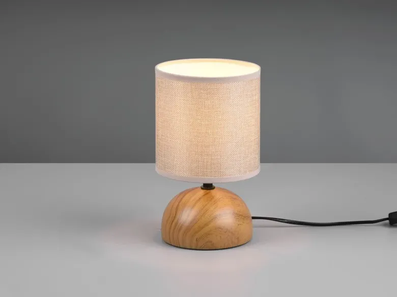 Kleine Tischleuchte LUCI mit Keramikfuß Holzoptik & Stoffschirm, Höhe 23cm