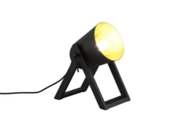 Kleine Tischleuchte MARC Naturholz Metallschirm Schwarz/Gold, Höhe 21cm