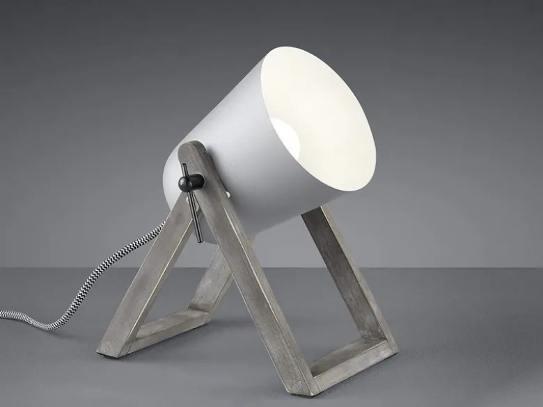 Kleine Tischleuchte MARC Naturholz mit Metallschirm Grau, Höhe 21cm