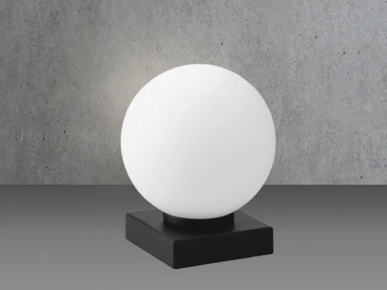 Kleine Tischleuchte PLUTO Sockel Schwarz - Kugel Opalglas Weiß, Höhe 17,5cm