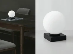 Kleine Tischleuchte PLUTO Sockel Schwarz - Kugel Opalglas Weiß, Höhe 17,5cm