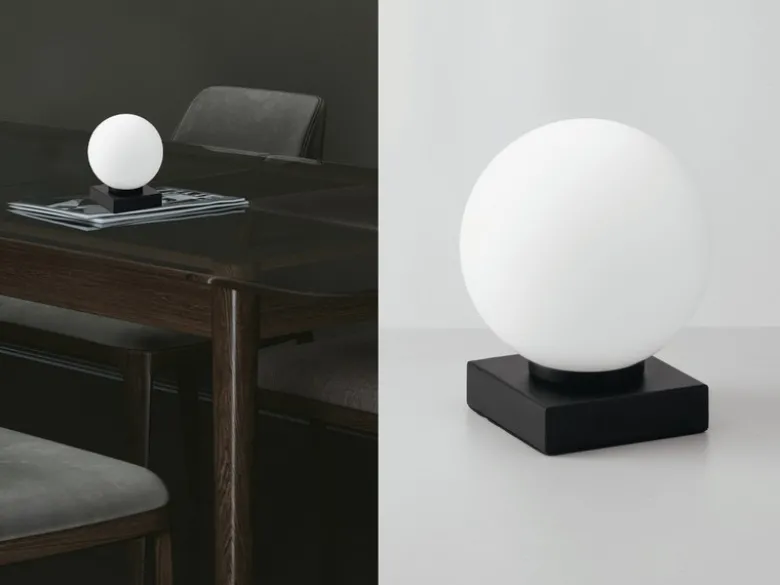 Kleine Tischleuchte PLUTO Sockel Schwarz - Kugel Opalglas Weiß, Höhe 17,5cm