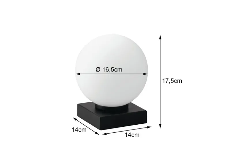 Kleine Tischleuchte PLUTO Sockel Schwarz - Kugel Opalglas Weiß, Höhe 17,5cm