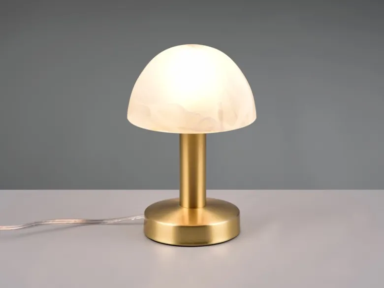 Kleine Touch Tischlampe FYNN II Messing & E14 Glasschirm Weiß, Höhe 21cm
